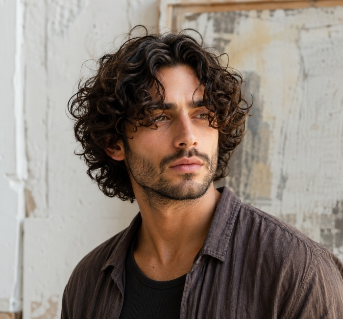 Curly curtain haircut for men showing natural curls with a middle part
