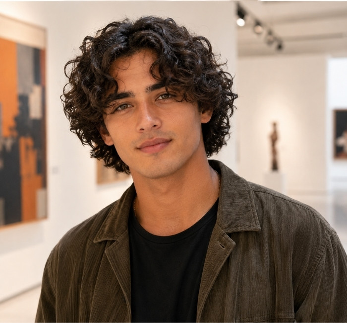 Men's curly curtain hairstyle showing natural curls and face framing
