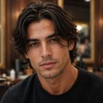 Man with a medium-length curtain haircut featuring a natural middle part and textured layers