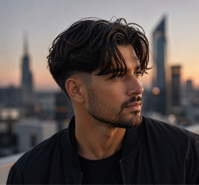 
 Curtain haircut with faded sides and longer textured top
