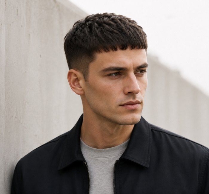 Man with a French crop haircut and textured fringe