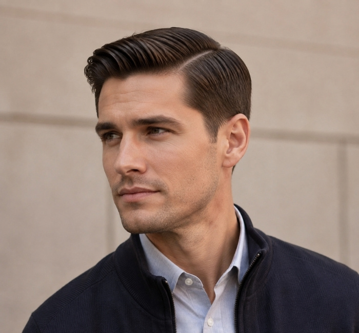 Man with an Ivy League side part haircut and soft tapered sides