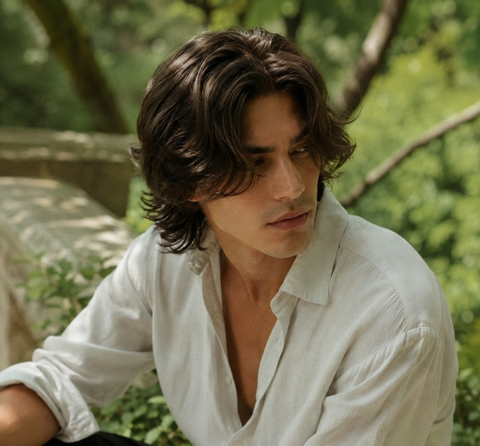 
 Long curtain haircut for men with flowing layered hair
