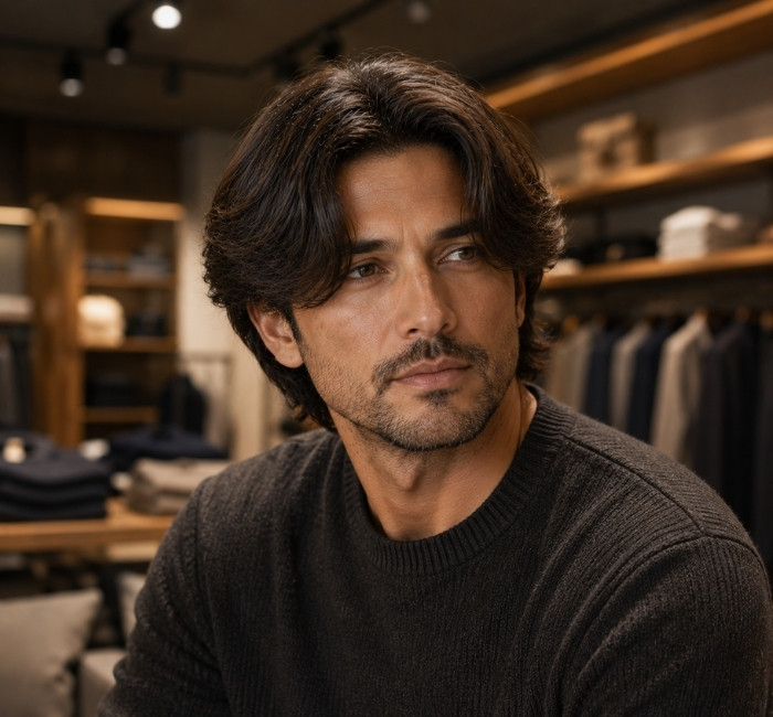 
 Curtain haircut for men with a long face shape and balanced side volume
