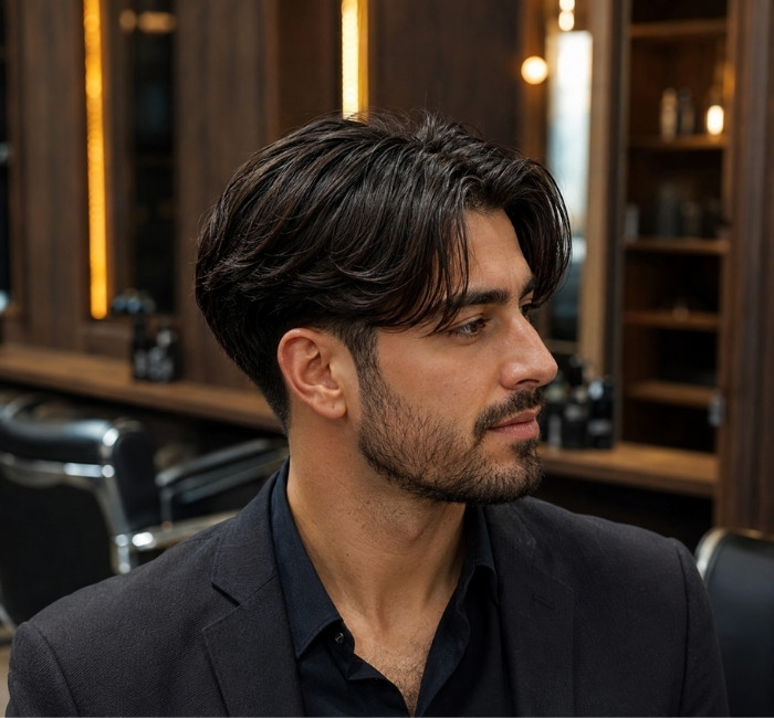 
 Men's curtain haircut with a low taper around the sides and neckline
