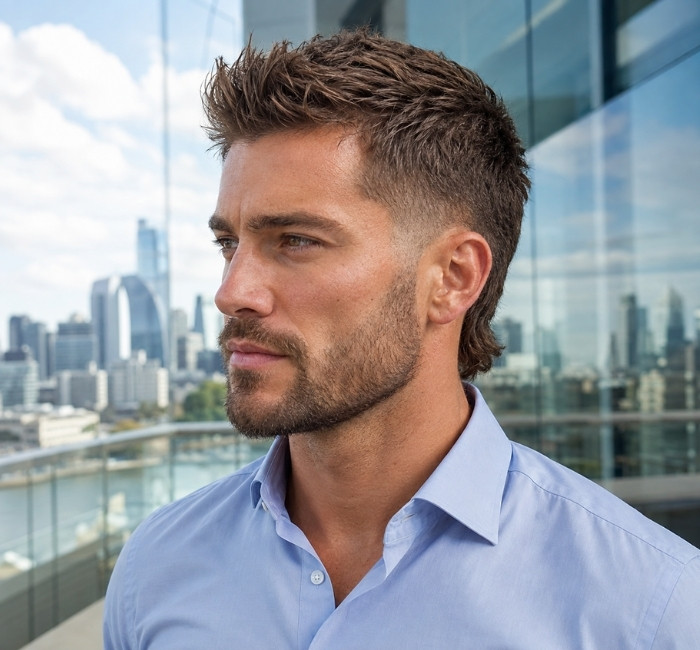short mullet with low taper fade and beard