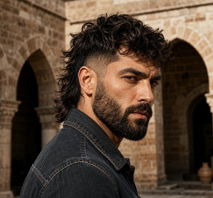edgy mullet with full beard men