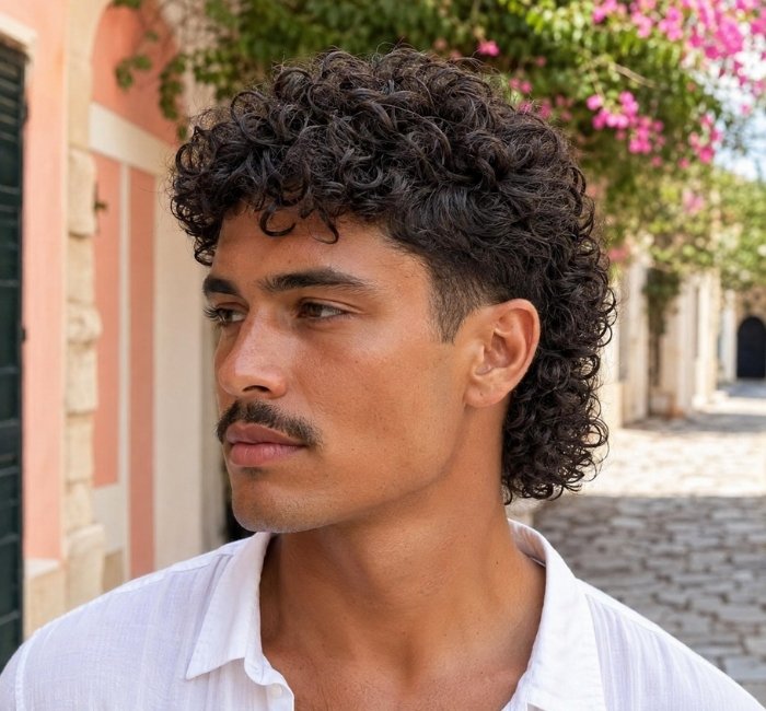 curly mullet hairstyle with razor fade