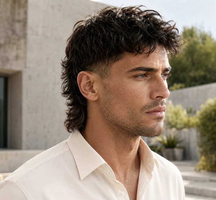 modern mullet haircut with taper fade side view