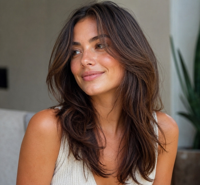 Woman with a natural-texture butterfly haircut and effortless layered movement