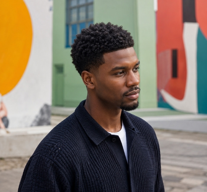Short afro haircut with taper for men with thin coily hair