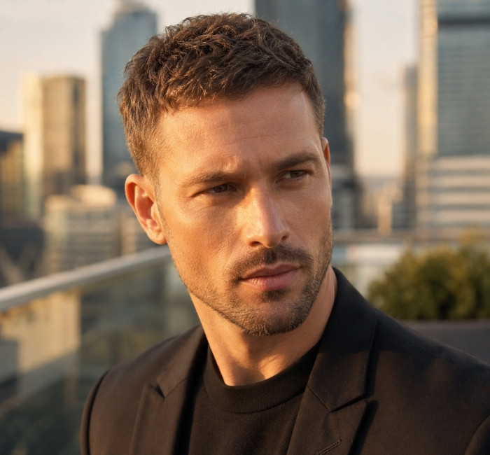 Short textured crop haircut that creates fuller appearance for men with thin hair