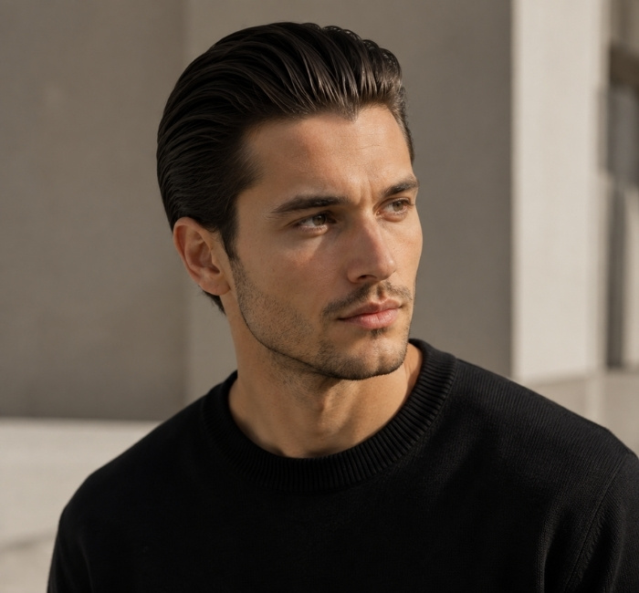 Man with a slick back hairstyle and tapered sides