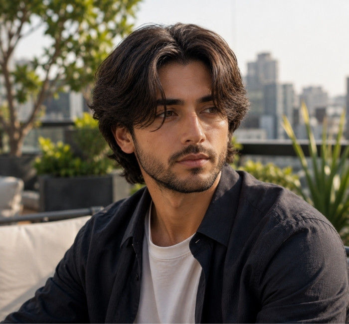 
 Men's curtain haircut for a heart face shape with balanced side volume
