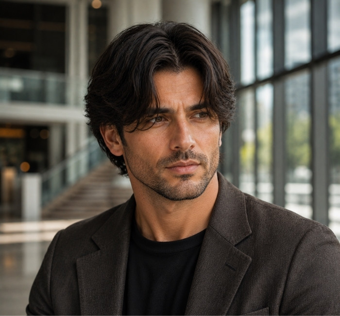 
 Curtain haircut for men with a square face shape and soft layered texture
