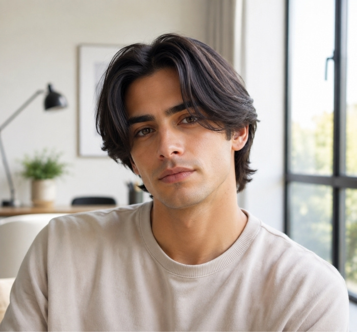
 Straight hair curtain haircut for men with a smooth middle part and natural flow
