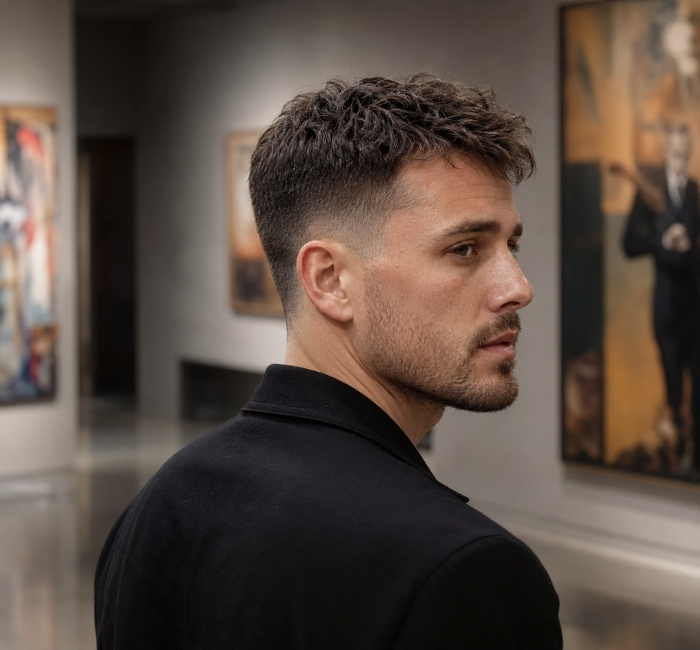 Low taper fade with textured top haircut for men with thin hair