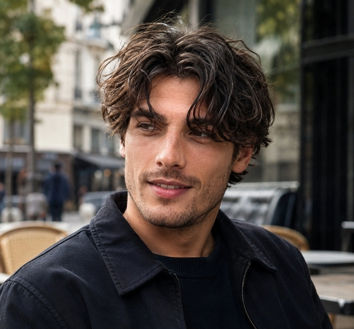 
 Textured curtain haircut for men with layered hair and natural volume
