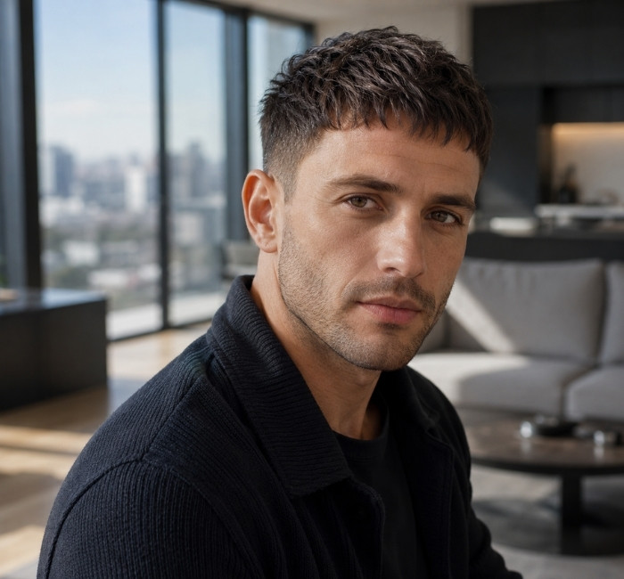 Textured French crop haircut for men with thin hair and natural forward styling