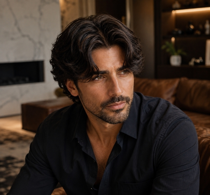 
 Thick hair curtain haircut for men with layered volume and controlled shape
