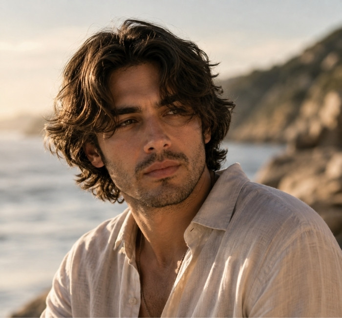 
 Wavy curtain haircut for men with natural texture and flowing movement
