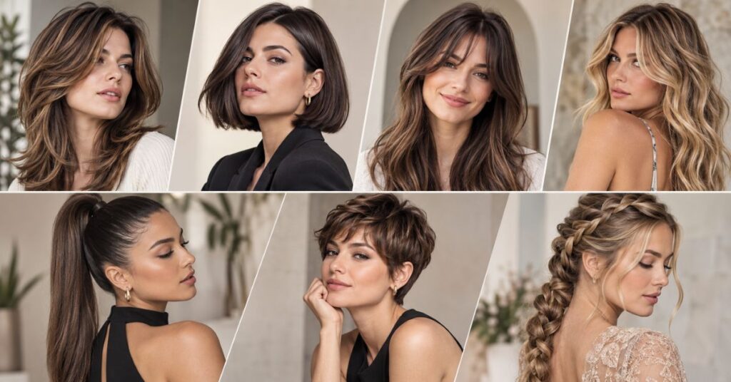 Collage of trendy women hairstyles including bob, layered cut, curtain bangs, beach waves, ponytail, messy bun, pixie cut, braids, sleek straight hair, and shag haircut.