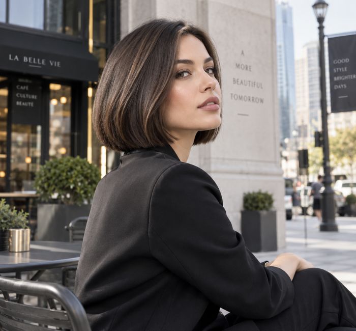 Stylish woman with a sleek bob haircut in an urban fashion setting.