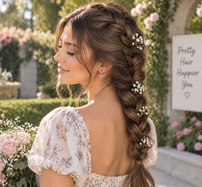 Woman with a beautiful braided hairstyle in a garden background.