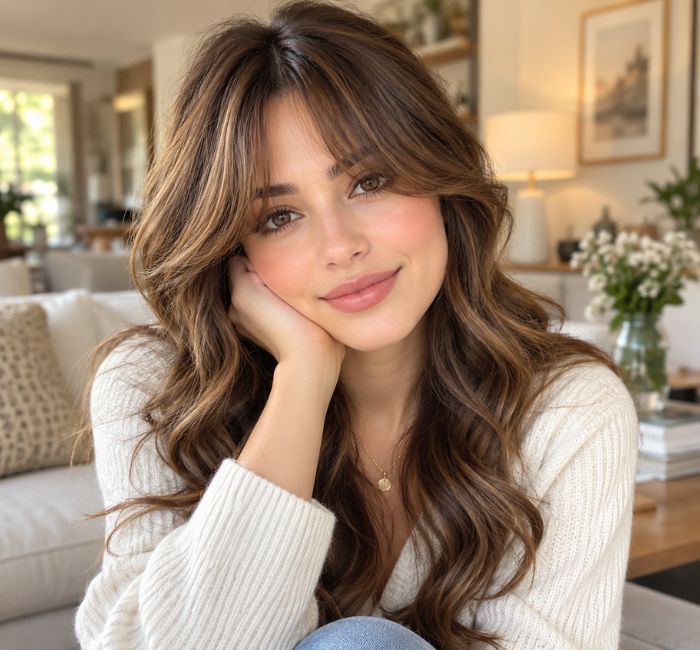 Young woman with curtain bangs and soft waves in a cozy indoor background.