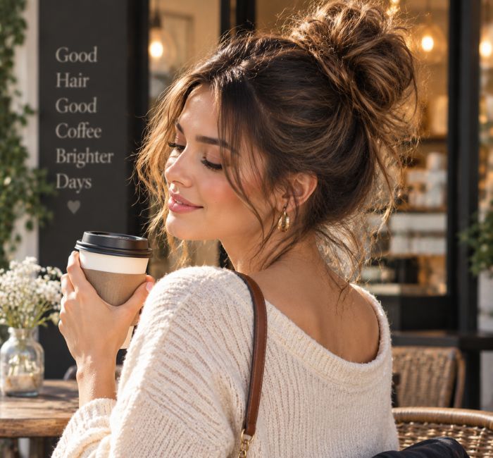 Woman with a chic messy bun in a casual café-style background.