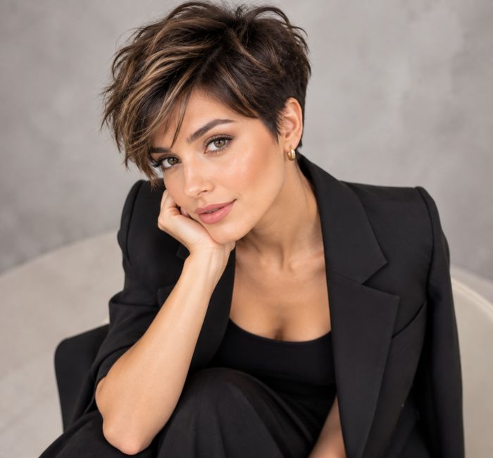 Woman with a bold pixie cut in a modern studio setting.