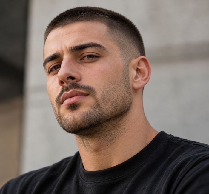 Man with a buzz cut and light stubble photographed in a realistic close portrait