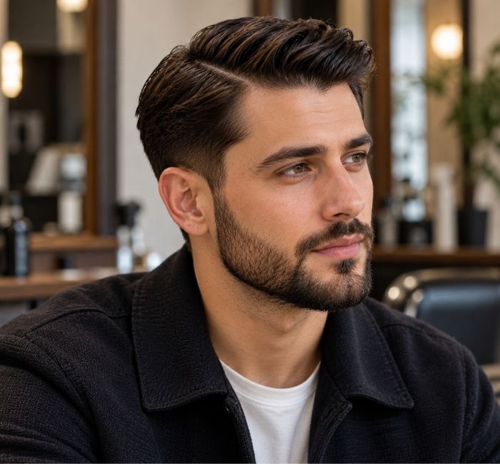 Man with a classic side part hairstyle and short beard in a refined realistic photo
