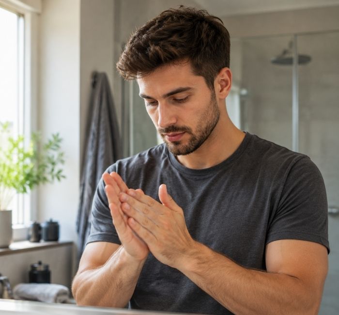 Man applying hair styling product