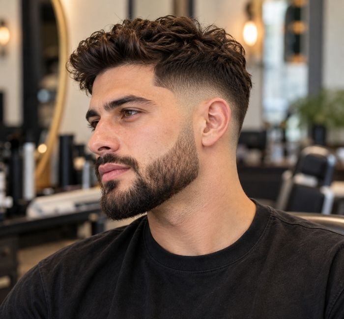 Man with a low taper fade haircut and a naturally blended tapered beard in a realistic portrait