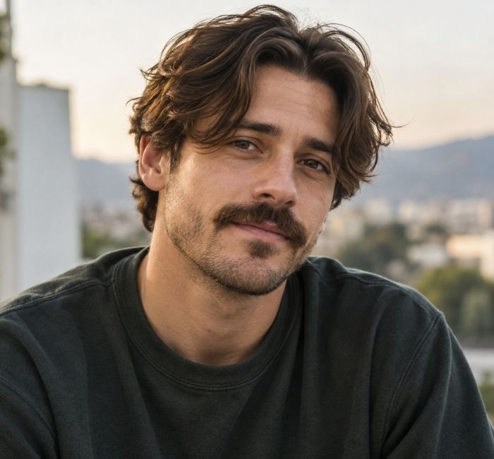 Man with middle-part curtain hairstyle and beardstache in a realistic lifestyle portrait