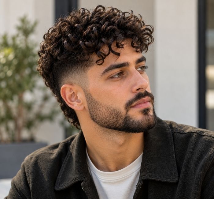 Man with natural curly hair on top and a faded beard in a realistic modern portrait