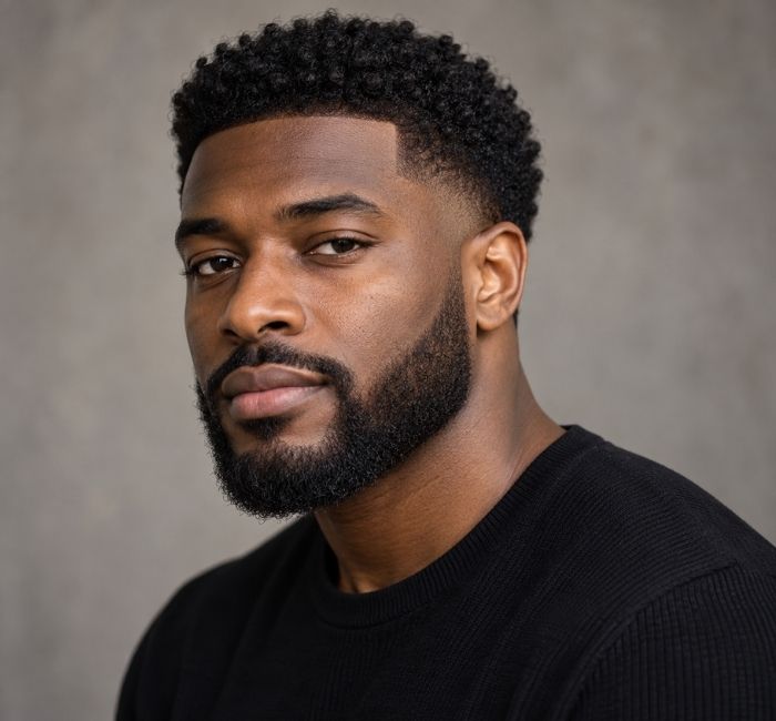 Black man with a short afro taper haircut and shaped beard in a realistic portrait