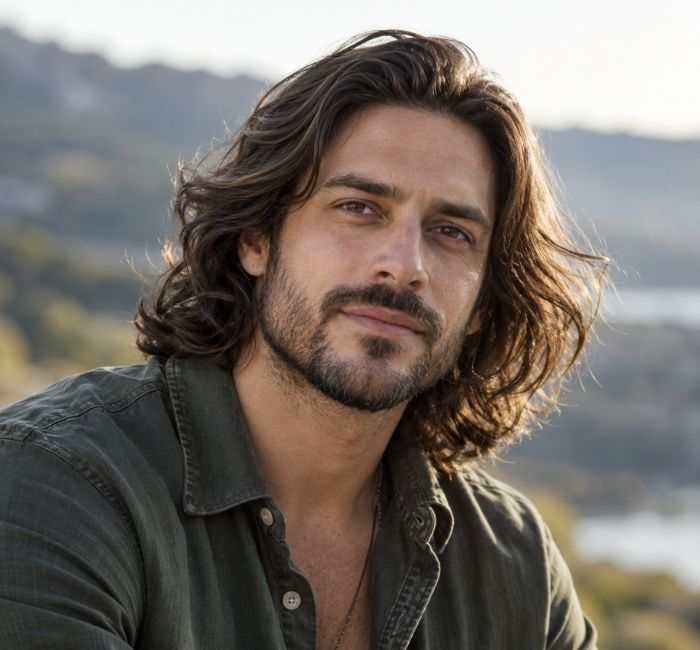Man with shoulder-length flowing hair and a short beard in a realistic portrait