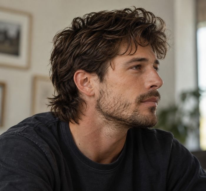 Man with a soft modern mullet and natural scruff in a realistic editorial portrait