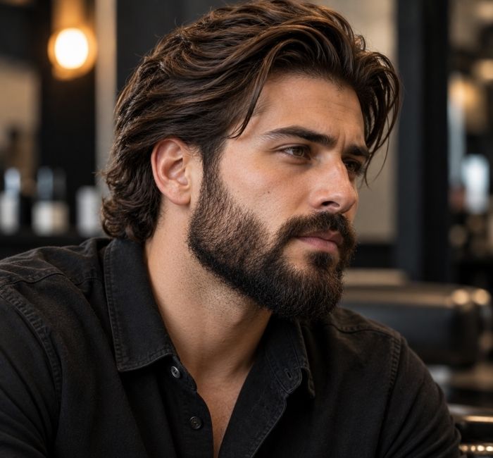 Man with swept-back hair and a full beard in a realistic masculine portrait