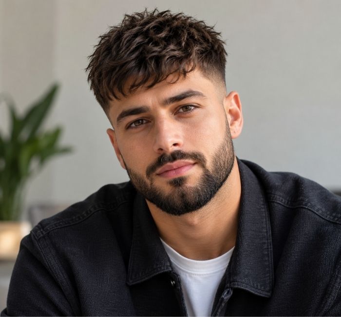 Man with a textured crop haircut and short boxed beard in a clean realistic portrait